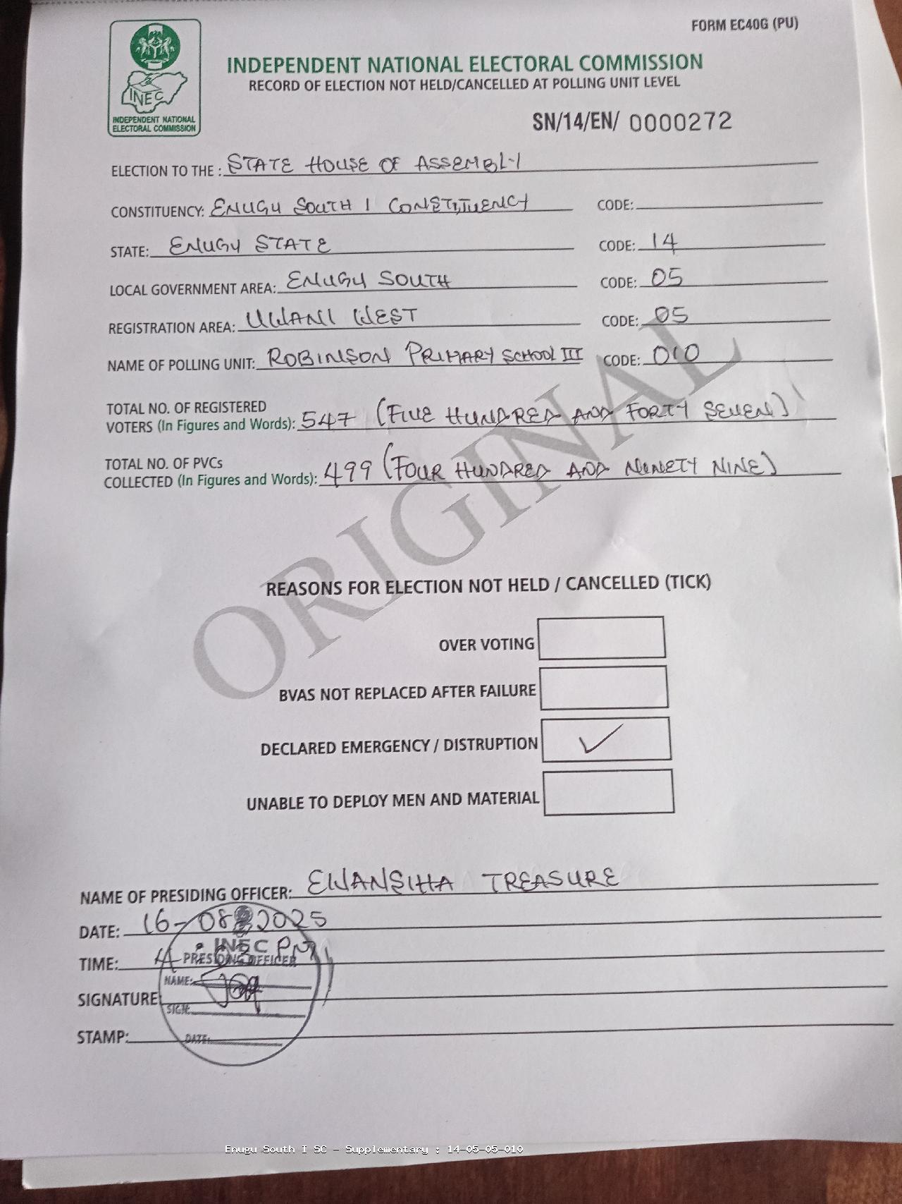 Result sheet for polling unit 14/05/05/010, Robinson Street Primary School III